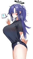 Rule 34 | 1girl, ?, black buruma, black shirt, blue archive, blush, breasts, buruma, fellatio gesture, half updo, halo, heart, highres, horn/wood, huge breasts, looking at viewer, looking to the side, motion lines, purple eyes, purple hair, shirt, shirt tucked in, simple background, solo, spoken question mark, sweatdrop, tented shirt, white background, yuuka (blue archive), yuuka (track) (blue archive)