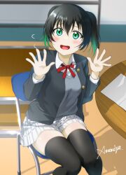 Rule 34 | 1girl, amamiya (re-amamiya), black hair, black jacket, black thighhighs, blush, collared shirt, commentary request, furrowed brow, gradient hair, green eyes, green hair, grey vest, hands up, highres, indoors, jacket, long sleeves, love live!, love live! nijigasaki high school idol club, medium hair, multicolored hair, neck ribbon, nijigasaki school uniform, on chair, open mouth, plaid, plaid skirt, pleated skirt, red ribbon, ribbon, school uniform, shirt, signature, sitting, skirt, solo, sweat, table, takasaki yu, thighhighs, twintails, upper body, vest, white shirt, white skirt, winter uniform