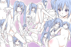 Rule 34 | 10s, 1girl, amatsuka tsurara, baby princess, barefoot, blue hair, collage, expressions, face, feet, flat chest, hair ribbon, long hair, marumi, monochrome, nude, off shoulder, panties, panty pull, purple eyes, purple theme, ribbon, thighhighs, twintails, underwear