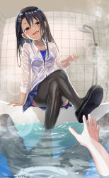 Rule 34 | absurdres, bathroom, bathtub, blush, dripping, highres, hmax, ijiranaide nagatoro-san, crossed legs, loafers, nagatoro hayase, partially submerged, pointing, school uniform, shoes, shower head, steam, swimsuit, swimsuit under clothes, thighhighs, wet, wet clothes
