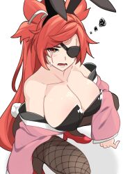 Rule 34 | 1girl, absurdres, alternate costume, amidatto, animal ears, backless leotard, baiken, black leotard, black pantyhose, breasts, cleavage, collarbone, commentary, commentary request, embarrassed, eyepatch, fake animal ears, fake tail, fishnet pantyhose, fishnets, guilty gear, high heels, highres, large breasts, leotard, long hair, looking at viewer, lower teeth only, multiple scars, open mouth, orange eyes, pantyhose, playboy bunny, rabbit ears, rabbit tail, red footwear, red hair, scar, scar across eye, shoes, simple background, solo, squatting, sweatdrop, tail, teeth, white background
