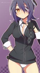 Rule 34 | 10s, 1girl, 9law, bad id, bad pixiv id, breasts, cardigan, checkered clothes, checkered necktie, checkered neckwear, eyepatch, gloves, headgear, highres, kantai collection, loose necktie, necktie, no pants, panties, personification, purple hair, school uniform, short hair, solo, tenryuu (kancolle), twitter username, underwear, undressing, yellow eyes