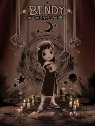 Rule 34 | 1girl, alice (bendy and the ink machine), bendy and the ink machine, black hair, can, candle, canned food, detached sleeves, dress, gloves, high heels, horns, lipstick, solo