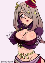 Rule 34 | 1girl, bad id, bad pixiv id, belly chain, blush, bracelet, breast hold, breasts, character name, cleavage, crescent, elbow gloves, eloise (the legend of legacy), gengoro akemori, gloves, groin, hair ornament, hair over one eye, halterneck, hat, jewelry, large breasts, lips, midriff, mini hat, navel, purple eyes, side slit, silver hair, skirt, solo, sqengengoro, the legend of legacy, twitter username