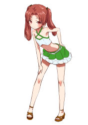 Rule 34 | 10s, 1girl, absurdres, alternate costume, black ribbon, brown eyes, brown hair, closed mouth, criss-cross halter, crop top, flat chest, full body, girls und panzer, green skirt, hair ribbon, halterneck, hand on own ass, hand on own thigh, hand on thigh, highres, kadotani anzu, layered skirt, leaning forward, long hair, looking at viewer, miniskirt, navel, parted bangs, race queen, ribbon, sabaku chitai, sandals, shirt, simple background, sketch, skirt, smile, solo, standing, twintails, white background, white shirt