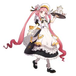 Rule 34 | 1girl, alchemy stars, anklet, apron, black dress, black footwear, cup, dress, full body, highres, holding, holding tray, jewelry, leoyingjun, long hair, maid headdress, mary janes, open mouth, pantyhose, pink hair, puffy short sleeves, puffy sleeves, raphael (alchemy stars), raphael (at your service) (alchemy stars), red eyes, shoes, short sleeves, simple background, solo, teacup, teapot, tray, twintails, very long hair, waist apron, walking, white background, white pantyhose