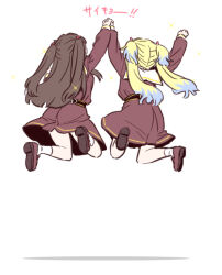Rule 34 | 2girls, arm up, arms up, blonde hair, blue hair, brown dress, brown footwear, brown hair, commentary, dress, from behind, fujishima megumi, gradient hair, hasu no sora school uniform, holding hands, link! like! love live!, loafers, long hair, long sleeves, love live!, midair, mira-cra park!, multicolored hair, multiple girls, osawa rurino, sailor collar, school uniform, shinanoya (satanicad), shoes, socks, sparkle, translated, twintails, two side up, white background, white sailor collar, white socks, winter uniform