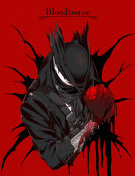 Rule 34 | 1boy, arizuka (catacombe), black gloves, black hat, bloodborne, commentary request, copyright name, gloves, hat, heart, highres, holding, holding heart, jacket, looking at viewer, male focus, mask, mouth mask, red background, solo