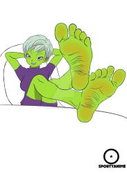 Rule 34 | barefoot, cheelai, colored skin, dragon ball, feet, foot focus, foot tease, green skin, happy, highres, leaning forward, leg lift, moaning, sitting, smile, spread legs, toes