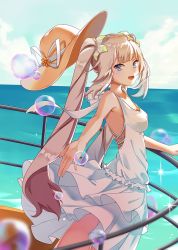 Rule 34 | 1girl, :d, blue eyes, blush, breasts, bubble, dress, fate/grand order, fate (series), hair ribbon, hat, unworn hat, unworn headwear, long hair, looking at viewer, marie antoinette (fate), marie antoinette (fate/grand order), marie antoinette (swimsuit caster) (fate), marie antoinette (swimsuit caster) (second ascension) (fate), medium breasts, no bra, ocean, open mouth, railing, ribbon, silver hair, smile, smile (mm-l), solo, twintails, very long hair, white dress