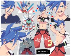 Rule 34 | baggy pants, blue eyes, blue hair, chibi, copyright name, crossed arms, closed eyes, galo thymos, gloves, koeri, male focus, matoi, mecha, open mouth, pants, pectorals, promare, robot, smile, spiked hair, teeth, topless male