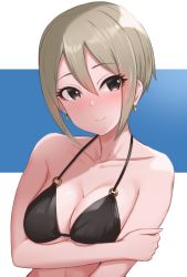 Rule 34 | 1girl, arm under breasts, bare arms, bare shoulders, bikini, black bikini, black eyes, blue background, blush, breasts, cleavage, closed mouth, collarbone, commentary request, earrings, grey hair, hair between eyes, halterneck, hand on own arm, idolmaster, idolmaster cinderella girls, jewelry, looking at viewer, medium breasts, nose blush, o-ring, o-ring top, shiomi syuko, short hair, sidelocks, smile, solo, string bikini, swimsuit, tomajiyama, two-tone background, upper body, white background