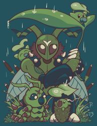 Rule 34 | arthropod boy, claws, digimon, evolutionary line, exoskeleton, highres, leaf, leafmon, looking at another, looking at viewer, minomon, rain, stingmon, wormmon