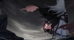 Rule 34 | 1girl, absurdres, animal, arknights, bird, black cape, black jacket, blurry, blurry foreground, cape, cloud, cloudy sky, commentary request, depth of field, floating hair, from behind, grey hair, highres, irene (arknights), jacket, lantern, lighthouse, long hair, long sleeves, night, night sky, outdoors, pantyhose, puffy long sleeves, puffy sleeves, skirt, sky, solo, standing, torn cape, torn clothes, very long hair, wading, water, white pantyhose, white skirt, yuj1ha