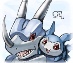 Rule 34 | 2others, chibimon, digimon, digimon (creature), highres, horns, multiple others, red eyes, sharp teeth, tail, teeth, v-dramon