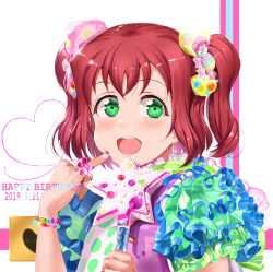 Rule 34 | 1girl, artist name, artist request, blush, bow, candy, female focus, food, green eyes, jewelry, jyon, kurosawa ruby, looking at viewer, love live!, love live! sunshine!!, multicolored clothes, multicolored shirt, parted lips, pink bow, polka dot, red hair, ring, scepter, scrunchie, short hair, solo, star (symbol), twintails, upper body, white background, wrist scrunchie, yellow bow