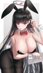 Rule 34 | 1girl, absurdres, animal ears, arm under breasts, bare shoulders, black hair, black hairband, black leotard, black pantyhose, blue archive, border, bow, bowtie, breasts, cleavage, collarbone, fake animal ears, hair ornament, hairband, hairclip, halo, highres, holding, holding tablet pc, jinsoulsan, large breasts, leaning forward, leotard, long hair, pantyhose, parted lips, playboy bunny, rabbit ears, rabbit tail, red bow, red bowtie, red eyes, rio (blue archive), solo, tablet pc, tail, thighband pantyhose, very long hair, white border, wrist cuffs