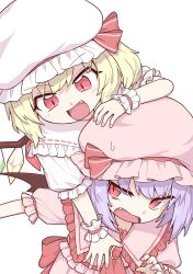 Rule 34 | 2girls, :d, bat wings, blonde hair, brooch, crystal, fang, flandre scarlet, hat, hat ribbon, highres, jewelry, looking at another, mob cap, multiple girls, nail polish, on person, oninamako, open mouth, pink headwear, pink nails, pink shirt, purple hair, red eyes, red ribbon, remilia scarlet, ribbon, shirt, short hair, short sleeves, siblings, simple background, sisters, smile, sweatdrop, touhou, v-shaped eyebrows, white background, white headwear, wings, wrist cuffs