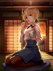 Rule 34 | ahoge, aqua eyes, artoria pendragon (all), artoria pendragon (fate), black pantyhose, blonde hair, bowl, breasts, chopsticks, eating, essual (layer world), fate/stay night, fate (series), food, food on face, highres, looking at viewer, pantyhose, rice, saber (fate), seiza, sitting, skirt, solo