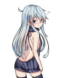 Rule 34 | 10s, 1girl, backless dress, backless outfit, bad id, bad pixiv id, bare back, bare shoulders, blue eyes, blue hair, blue sweater, blue thighhighs, blush, breasts, butt crack, closed mouth, cowboy shot, dress, flying sweatdrops, from behind, hair between eyes, halterneck, hibiki (kancolle), highres, kantai collection, kure (kure ng), long hair, looking at viewer, looking back, meme attire, naked sweater, nose blush, ribbed legwear, ribbed sweater, simple background, small breasts, solo, sweater, sweater dress, thighhighs, turtleneck, turtleneck sweater, virgin killer sweater, wavy mouth, white background