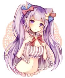 Rule 34 | 1girl, :o, animal ears, bell, blue bow, blunt bangs, blush, bow, bowtie, bra, braid, breasts, capelet, cat ears, cleavage, crescent, crescent hair ornament, frills, hair bow, hair ornament, jingle bell, kemonomimi mode, long hair, navel, patchouli knowledge, purple bra, purple eyes, purple hair, red bow, red bowtie, solo, star (symbol), star hair ornament, striped, touhou, two side up, ukita uuko, underwear, upper body, very long hair