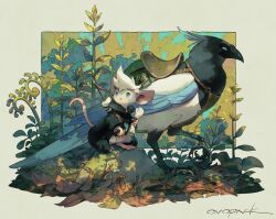 Rule 34 | :o, animal, animal focus, artist name, bird, black coat, blue eyes, border, bow (weapon), brown border, bush, coat, commentary, dappled sunlight, day, foliage, forest, from side, highres, holding, holding scroll, jewelry, leaf, looking afar, moss, mouse (animal), murayama ryota, nature, no humans, on rock, open mouth, original, outdoors, outside border, pendant, plant, rock, saddle, scroll, signature, sunlight, talons, weapon, weapon on back
