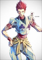 Rule 34 | 1boy, card, contrapposto, earrings, facepaint, hisoka morow, holding, holding card, hunter x hunter, jester, jewelry, k-suwabe, male focus, playing card theme, print shirt, red hair, shirt, short hair, smile, solo, spiked hair, star (symbol), toned, toned male, white background, yellow eyes