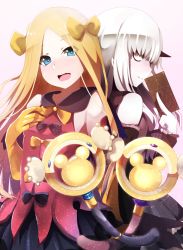 Rule 34 | 2girls, :d, abigail williams (fate), adapted costume, bad id, bad pixiv id, bare shoulders, between fingers, black bow, black skirt, blonde hair, blue eyes, blush, bow, card, closed mouth, collared shirt, detached sleeves, elbow gloves, fate/grand order, fate (series), gloves, hair bow, head tilt, holding, holding card, lavinia whateley (fate), long hair, long sleeves, looking at viewer, multiple girls, open mouth, orange bow, orange gloves, parted bangs, pink background, pink eyes, pink shirt, polka dot, polka dot bow, shirt, simple background, skirt, sleeveless, sleeveless shirt, smile, very long hair, wada kazu, wand, white hair, wide-eyed