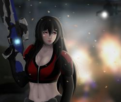 Rule 34 | 1girl, absurdres, ammunition, arm at side, armor, artist name, belt, black gloves, black hair, breasts, burning, gloves, gun, highres, holding, holding gun, holding weapon, large breasts, lips, long hair, looking at viewer, original, portrait, realistic, red eyes, rifle, science fiction, self-upload, smile, smitcuk, sniper, sniper rifle, solo, stomach, tagme, weapon