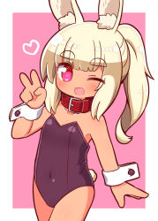 Rule 34 | 1girl, animal ear fluff, animal ears, bare shoulders, black leotard, blonde hair, blunt bangs, blush, border, bright pupils, buckle, collar, collarbone, covered navel, cowboy shot, etrian odyssey, flat chest, flipped hair, hand up, heart, heart-shaped pupils, highres, leotard, long hair, looking at viewer, masurao 2 (sekaiju), naga u, one eye closed, open mouth, outside border, outstretched arm, pink background, ponytail, rabbit ears, rabbit tail, red collar, red eyes, sekaiju no meikyuu, sekaiju no meikyuu 5, sidelocks, simple background, smile, solo, standing, strapless, strapless leotard, symbol-shaped pupils, tail, thick eyebrows, v, white border, wrist cuffs