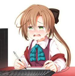 Rule 34 | 10s, 1girl, akigumo (kancolle), blush, brown hair, brown ribbon, commentary request, crying, crying with eyes open, green eyes, hair between eyes, hair ribbon, half-closed eyes, highres, kantai collection, keyboard (computer), long hair, long sleeves, monitor, open mouth, pen, ponytail, ribbon, saliva, school uniform, shirt, snot, solo, tears, vest, wakagi repa, wavy mouth, white shirt