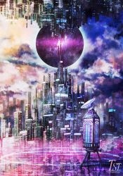 Rule 34 | bad id, bad pixiv id, building, city, city lights, cityscape, cloud, cloudy sky, commentary request, day, exhaust pipe, fantasy, glowing, highres, logo, no humans, original, reflection, satellite dish, scenery, silhouette, sky, skyscraper, smoke, space, window, zennmai siki