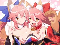 Rule 34 | 2girls, animal ear fluff, animal ears, animal hands, bare shoulders, bell, blue kimono, breast press, breasts, collar, detached collar, detached sleeves, fangs, fate/grand order, fate (series), fox ears, fox girl, fox shadow puppet, fox tail, gloves, hair between eyes, hakka (88hk88), japanese clothes, jingle bell, kimono, large breasts, multiple girls, neck bell, one eye closed, paw gloves, paw shoes, pink hair, shoes, symmetrical docking, tail, tamamo (fate), tamamo cat (fate), tamamo cat (first ascension) (fate), tamamo no mae (fate/extra), upper body, wide sleeves, yellow eyes