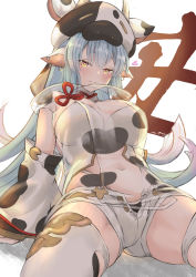 Rule 34 | 1girl, absurdres, animal ears, animal print, blue hair, blush, breasts, catura (granblue fantasy), cleavage, closed mouth, commentary request, cow ears, cow hood, cow horns, cow print, detached sleeves, draph, granblue fantasy, heart, highres, horns, large breasts, long hair, looking at viewer, maru aki, navel, pink eyes, see-through, shorts, simple background, smile, solo, thighhighs, thighs, unbuttoned, open fly, white background, white shorts, white thighhighs