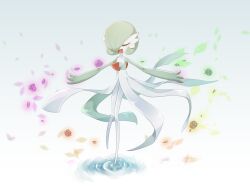 Rule 34 | 1girl, ariumu, arms up, aura, blue background, blush, bob cut, closed eyes, collarbone, colored skin, creatures (company), female focus, flat chest, flower, full body, game freak, gardevoir, gen 3 pokemon, gradient background, green flower, green hair, green skin, hair over one eye, happy, leg up, legs, long legs, multicolored skin, nintendo, one eye covered, open mouth, orange flower, outstretched arms, petals, pink flower, pokemon, pokemon (creature), ripples, short hair, smile, solo, standing, standing on liquid, standing on one leg, telekinesis, thighs, two-tone skin, u u, water, white skin, yellow flower