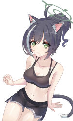 Rule 34 | 1girl, ahoge, animal ear fluff, animal ears, bare arms, black hair, breasts, cat ears, cat girl, cat tail, cleavage, crop top, fang, green eyes, halo, highres, karyl (princess connect!), maxwelzy, midriff, multicolored hair, navel, ponytail, princess connect!, shorts, sitting, solo, streaked hair, tail, white hair
