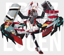 Rule 34 | 1girl, 3o c, antenna hair, armpit cutout, azur lane, boots, clothing cutout, cross, finger to mouth, garter straps, gloves, headgear, highres, iron cross, long hair, multicolored hair, prinz eugen (azur lane), rigging, silver hair, solo, streaked hair, swept bangs, thigh boots, thighhighs, two side up, yellow eyes