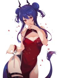 Rule 34 | 1girl, absurdres, arknights, bad id, bad pixiv id, bare arms, bare shoulders, bead bracelet, beads, blue hair, bracelet, breasts, ch&#039;en (ageless afterglow) (arknights), ch&#039;en (arknights), china dress, chinese clothes, cleavage, cleavage cutout, clothing cutout, commentary, cowboy shot, double bun, dragon horns, dragon tail, dress, hair bun, hand up, head tilt, highres, horns, jewelry, long hair, looking at viewer, medium breasts, official alternate costume, pelvic curtain, red dress, red eyes, saibe, sidelocks, simple background, sleeveless, sleeveless dress, smile, solo, standing, tail, thigh strap, white background