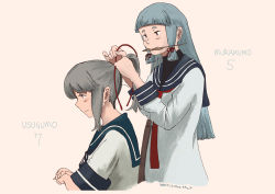 Rule 34 | 2girls, bad id, bad pixiv id, blue sailor collar, brown eyes, character name, commentary request, dress, grey hair, hair ribbon, highres, kantai collection, kuragare, long hair, mouth hold, multiple girls, murakumo (kancolle), red neckwear, ribbon, sailor collar, sailor dress, short eyebrows, sidelocks, simple background, thick eyebrows, tress ribbon, tying, undershirt, upper body, usugumo (kancolle), white background
