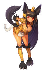 Rule 34 | &gt;:/, 1girl, :/, alternate costume, animal ears, animal hands, anubis (monster girl encyclopedia), armlet, armor, belt collar, black hair, blush, breasts, claws, cleavage, collar, commission, dark-skinned female, dark skin, full body, hand on own hip, hanging breasts, highres, jewelry, leaning forward, long hair, looking at viewer, medium breasts, monster girl, monster girl encyclopedia, pauldrons, red eyes, scale armor, shoulder armor, sickle, simple background, solo, sookmo, standing, tail, tail raised, v-shaped eyebrows, very long hair, weapon, white background