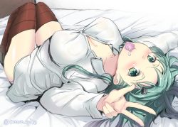 Rule 34 | 10s, 1girl, aqua hair, blush, breasts, brown thighhighs, cleavage, commentary request, condom, condom in mouth, dress shirt, eyebrows, gin&#039;ichi (akacia), green eyes, hair ornament, hairclip, indoors, kantai collection, knees together feet apart, large breasts, legs together, long hair, looking at viewer, looking up, lying, mouth hold, no pants, shirt, signature, skirt, solo, sparkle, suzuya (kancolle), thighhighs, twitter username