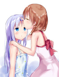 Rule 34 | 2girls, :o, bare arms, bare shoulders, blue dress, blue eyes, blue hair, blush, bow, breasts, brown hair, closed eyes, commentary request, dress, artistic error, gochuumon wa usagi desu ka?, highres, hoto cocoa, kafuu chino, kiss, kissing forehead, long hair, looking at another, multiple girls, naka (cheeseyeast), parted lips, profile, red bow, shiny skin, sitting, sleeveless, sleeveless dress, small breasts, very long hair, white background, white dress, yuri
