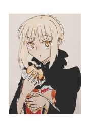 Rule 34 | 1girl, :t, artoria pendragon (all), artoria pendragon (fate), blonde hair, braid, burger, capcom, eating, fate/stay night, fate/unlimited codes, fate (series), food, french braid, gothic lolita, lolita fashion, official alternate costume, saber (fate), saber alter, solo, traditional media, tusia, yellow eyes