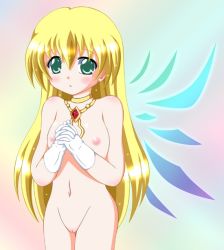 Rule 34 | 00s, 1girl, blonde hair, blush, breasts, colette brunel, cowboy shot, female focus, gloves, green eyes, jewelry, long hair, medium breasts, navel, necklace, nipples, nude, pussy, solo, tales of (series), tales of symphonia, uncensored, white gloves, wings