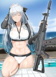 Rule 34 | 1girl, abs, absurdres, ak-12, ak-12 (age of slushies) (girls&#039; frontline), ak-12 (girls&#039; frontline), arm up, assault rifle, bikini, blue sky, blush, braid, breasts, camera, chiyo goya, cleavage, closed eyes, closed mouth, collarbone, commentary, crop top, day, english commentary, facing viewer, girls&#039; frontline, gun, hand on own head, hidden camera, highres, holding, holding gun, holding weapon, kalashnikov rifle, large breasts, leg up, long hair, long sleeves, navel, ocean, official alternate costume, outdoors, partially unzipped, pool, see-through, silver hair, sky, solo, stomach, swimsuit, thighs, tile floor, tiles, very long hair, weapon, wet, wet clothes, white bikini, zipper