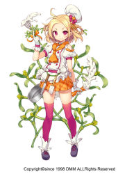 Rule 34 | 1girl, ahoge, blonde hair, braid, flower knight girl, full body, gloves, hat, knife, looking at viewer, mistletoe, name connection, object namesake, official art, orange scarf, orange skirt, plaid, plaid skirt, red eyes, red thighhighs, scarf, shoes, short hair, skirt, smile, solo, spatula, standing, sugimeno, thighhighs, whisk, white background, white gloves, white hat, yadorigi (flower knight girl)