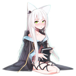 Rule 34 | 1girl, absurdres, animal ears, arknights, beudelb, black jacket, blush, book, cat ears, commentary, earpiece, full body, green eyes, highres, holding, holding book, jacket, korean commentary, long hair, naked jacket, open mouth, rosmontis (arknights), seiza, simple background, sitting, solo, very long hair, white background, white hair