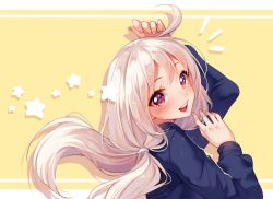 Rule 34 | 1girl, :d, ahoge, arm up, artist name, beige background, blue shirt, commentary, commission, english commentary, fingernails, floating hair, hyanna-natsu, long hair, long sleeves, looking at viewer, looking to the side, low twintails, open mouth, original, shirt, silver hair, smile, solo, star (symbol), starry background, twintails, two-tone background, upper body, very long hair, white background, yellow background