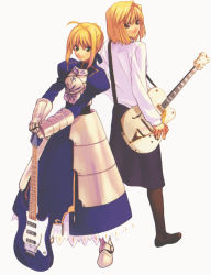 Rule 34 | 00s, 2girls, ahoge, arcueid brunestud, armor, artoria pendragon (fate), black legwear, blonde hair, company connection, engo (mongo), fate/stay night, fate (series), gloves, green eyes, guitar, hands on hilt, highres, instrument, long skirt, looking back, multiple girls, pantyhose, red eyes, saber (fate), skirt, sweater, thighhighs, tsukihime, type-moon