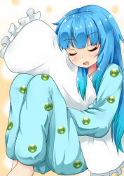 Rule 34 | 1girl, alternate costume, animal print, blue hair, blush, body pillow, commentary request, drooling, feet out of frame, gradient background, hair down, kappa, kawashiro nitori, knees up, long hair, long sleeves, hugging object, open mouth, orange background, pajamas, pillow, pillow hug, rururiaru, sidelocks, sleeping, solo, touhou, very long hair, white background